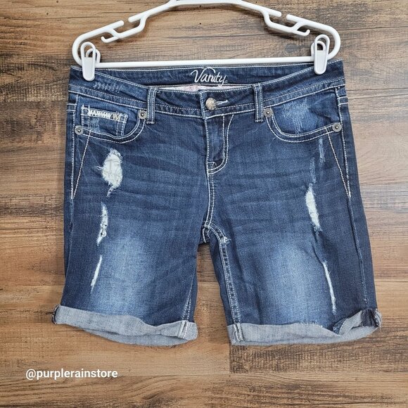 Vanity Cuffed Dakota Shorts 29 Low Rise Thick Stitch Medium Dark Wash Stretch - Picture 1 of 14